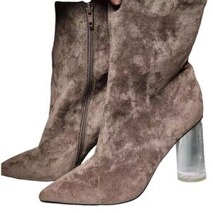 Jeffrey Campbell Lustful Suede Bootie Lucite Heel Size 9.5 Taupe Side Zip